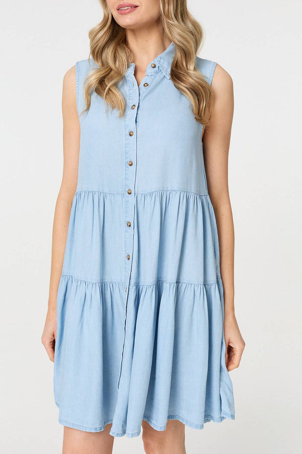 Light Blue | Sleeveless Tiered Shirt Mini Dress
