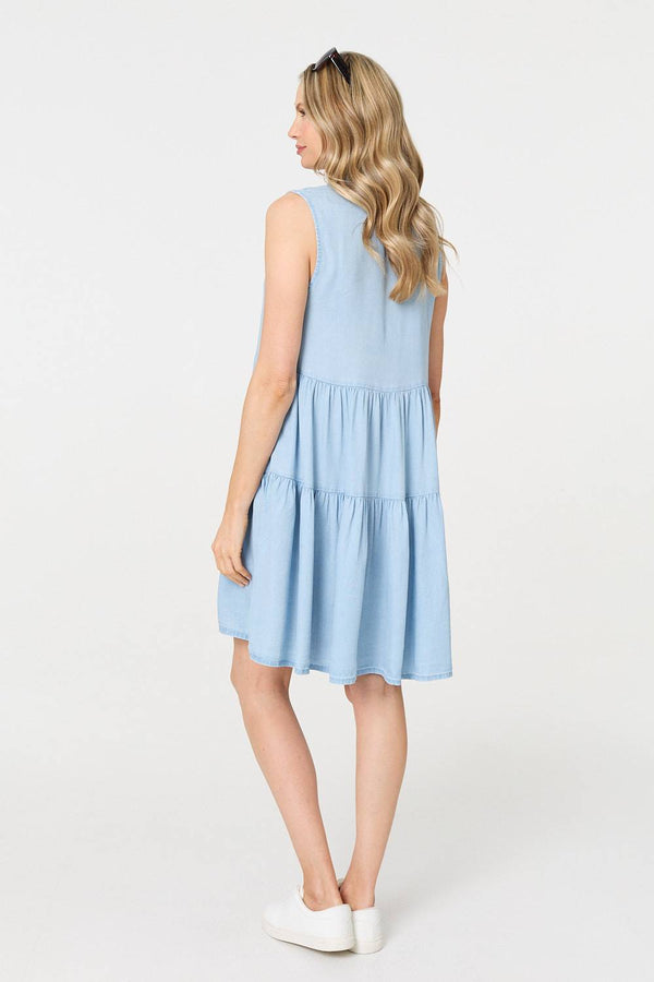 Light Blue | Sleeveless Tiered Shirt Mini Dress
