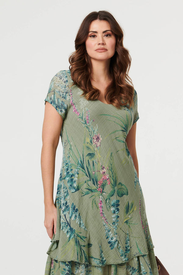 Green | Floral Layered Short Sleeve Midi Dress
