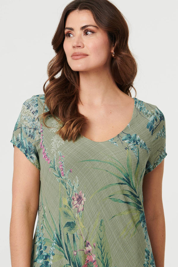 Green | Floral Layered Short Sleeve Midi Dress