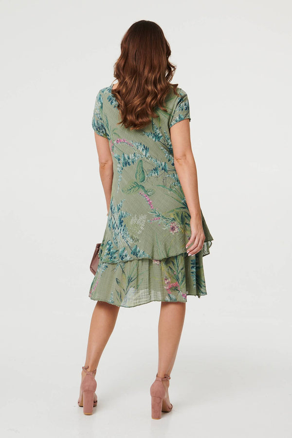 Green | Floral Layered Short Sleeve Midi Dress