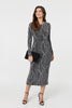 Silver | Abstract Print Long Sleeve Ruched Midi Dress : Model is 5'9