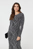 Silver | Abstract Print Long Sleeve Ruched Midi Dress