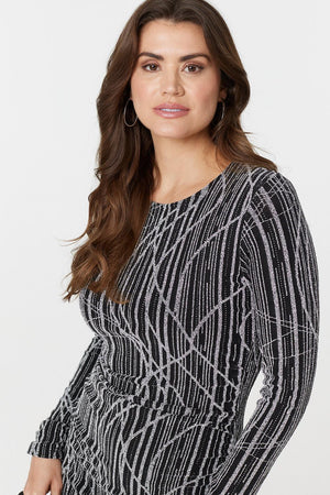 Silver | Abstract Print Long Sleeve Ruched Midi Dress