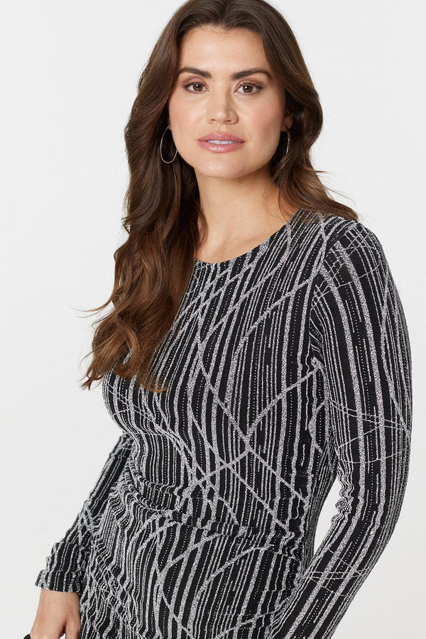 Silver | Abstract Print Long Sleeve Ruched Midi Dress