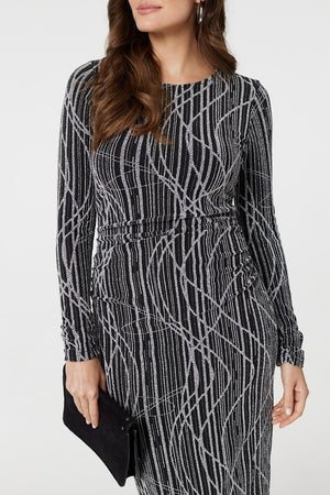 Silver | Abstract Print Long Sleeve Ruched Midi Dress