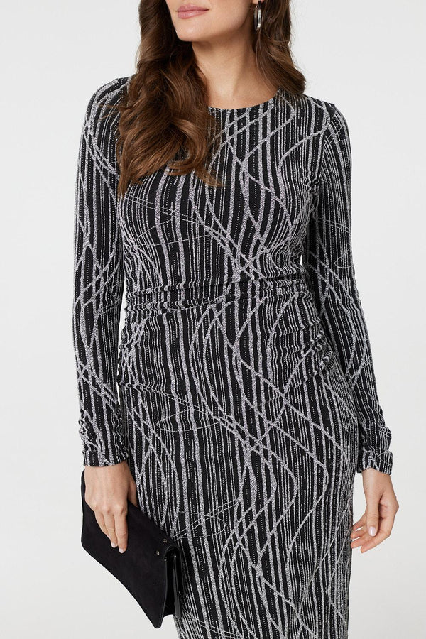 Silver | Abstract Print Long Sleeve Ruched Midi Dress