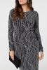 Silver | Abstract Print Long Sleeve Ruched Midi Dress