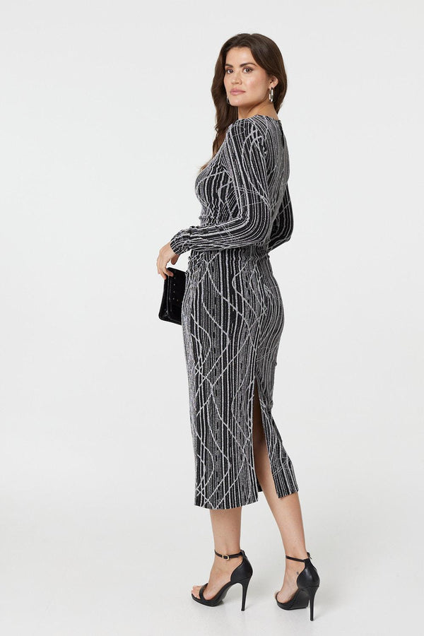 Silver | Abstract Print Long Sleeve Ruched Midi Dress