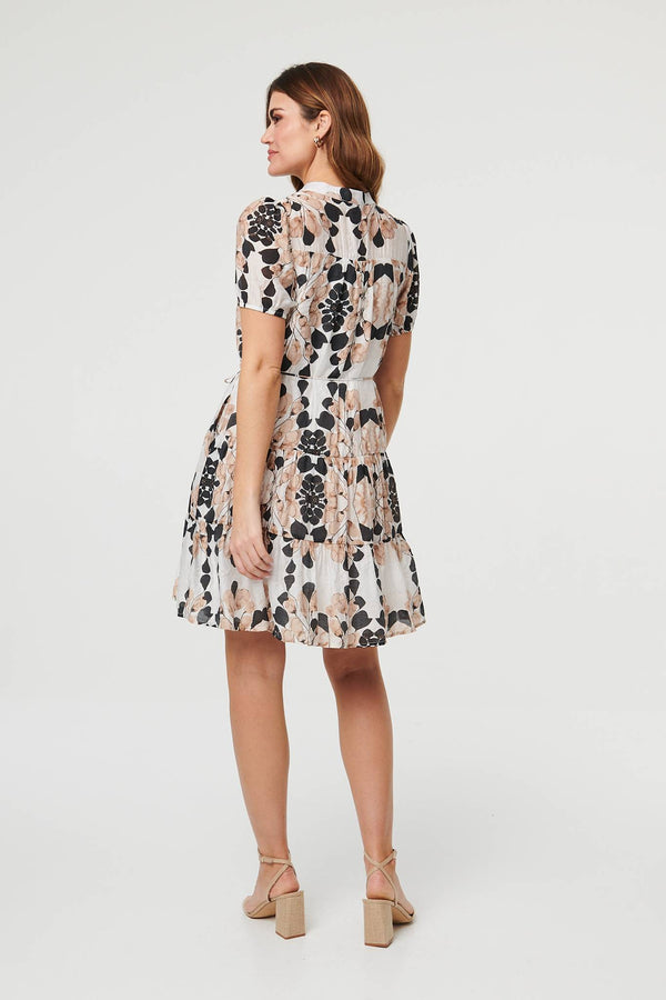 Beige | Abstract Tiered Tie Waist Short Dress