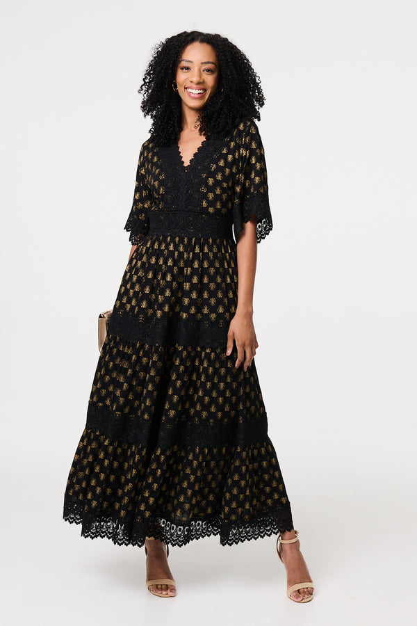 Black | Lace Semi Sheer Flare 3/4 Sleeve Maxi Dress : Model is 5'8"/172 cm and wears UK8/EU36/US4/AUS8