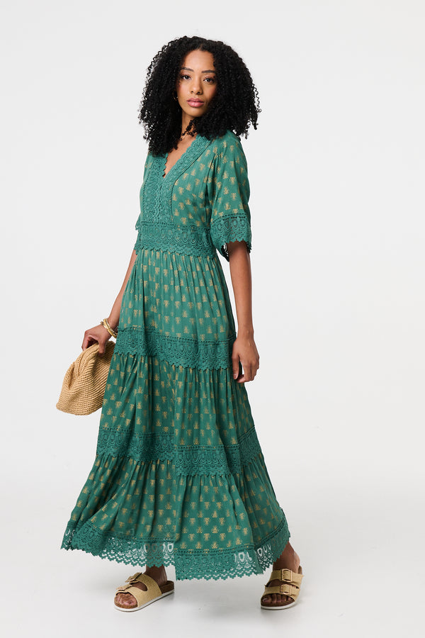 Green | Lace Semi Sheer Flare 3/4 Sleeve Maxi Dress : Model is 5'8"/172 cm and wears UK8/EU36/US4/AUS8