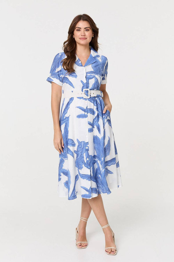 Blue | Leaf Print Belt Detail Midi Shirt Dress
