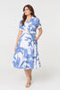 Blue | Leaf Print Belt Detail Midi Shirt Dress
