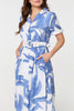 Blue | Leaf Print Belt Detail Midi Shirt Dress

