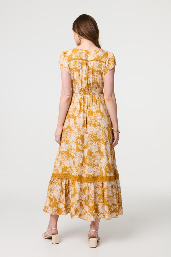 Gold | Leaf Print Cap Sleeve Maxi Dress