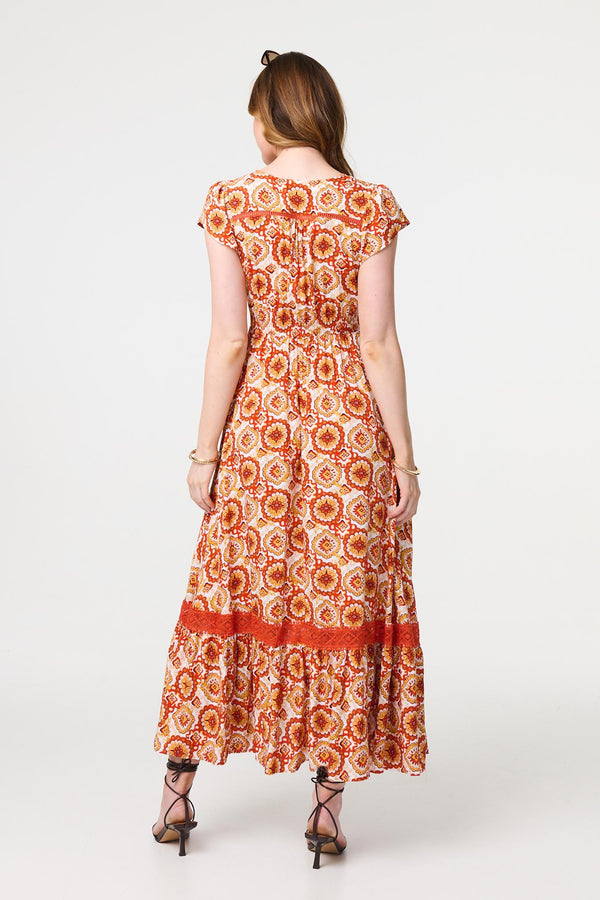 Orange | Paisley Cap Sleeve Lace Trim Maxi Dress