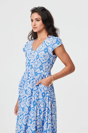Light Blue | Mosaic Print Cap Sleeve Maxi Dress