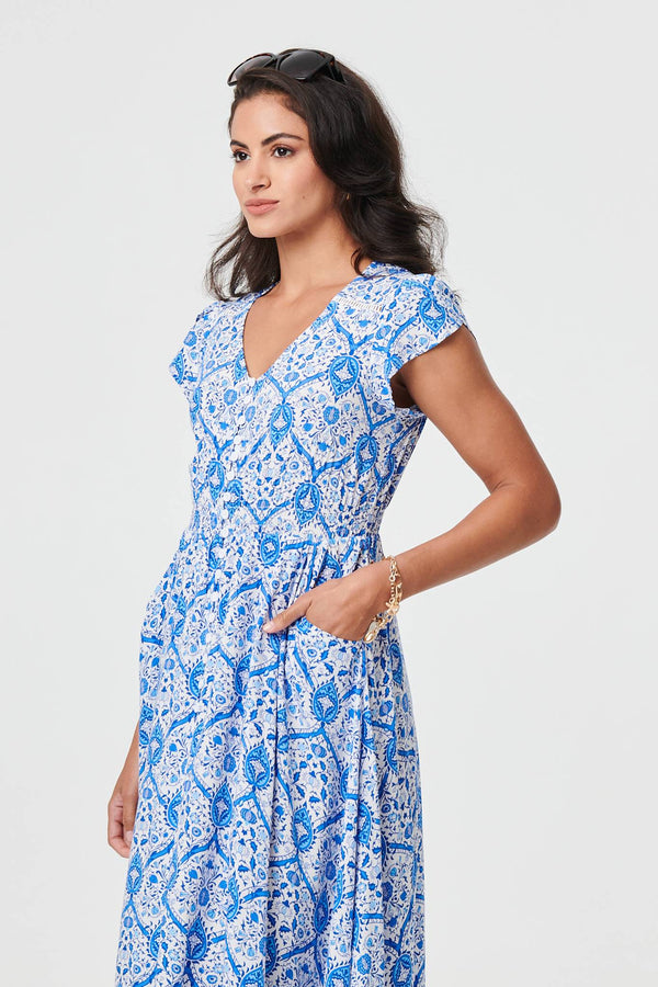 Light Blue | Mosaic Print Cap Sleeve Maxi Dress