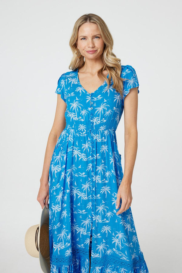 Blue | Tropical Print Angel Sleeve Maxi Dress