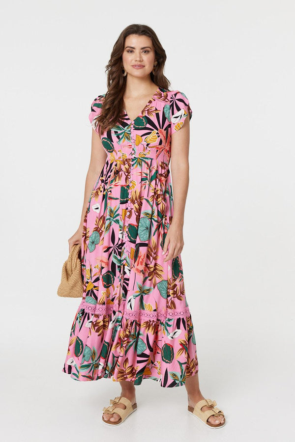 Pink | Tropical Print Angel Sleeve Maxi Dress : Model is 5'9"/175 cm and wears UK10/EU38/US6/AUS10