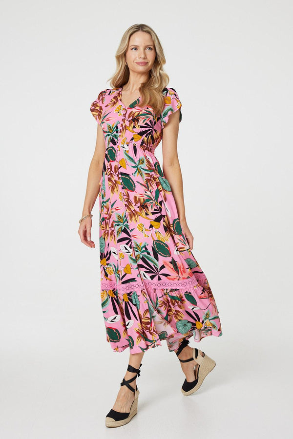 Pink | Tropical Print Angel Sleeve Maxi Dress