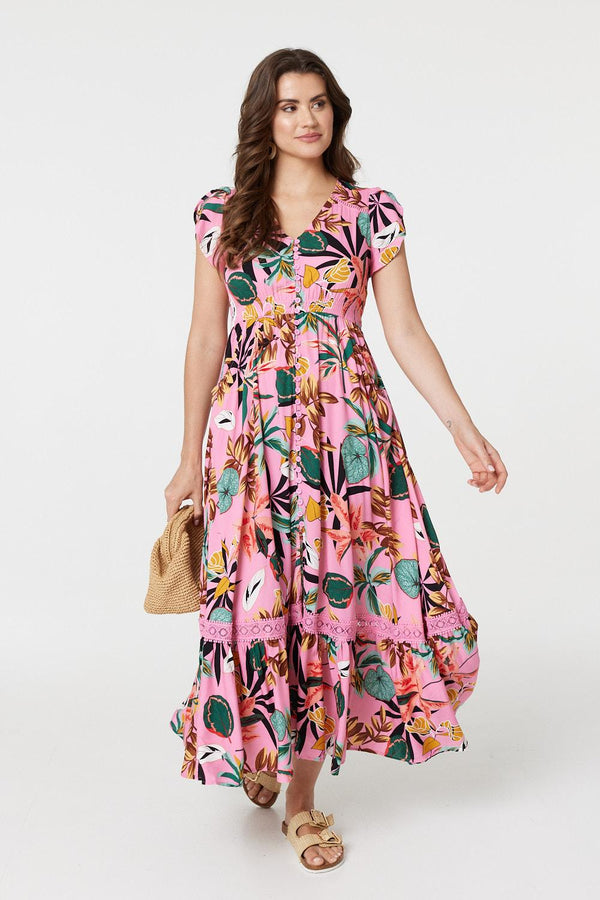 Pink | Tropical Print Angel Sleeve Maxi Dress