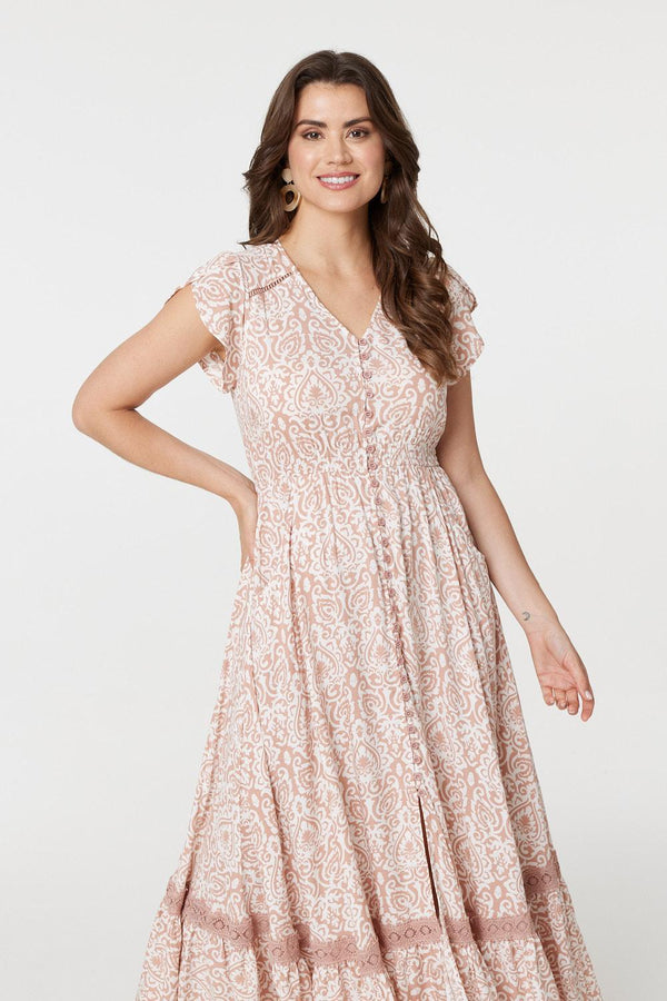 Pink | Paisley Print Lace Trim Maxi Dress