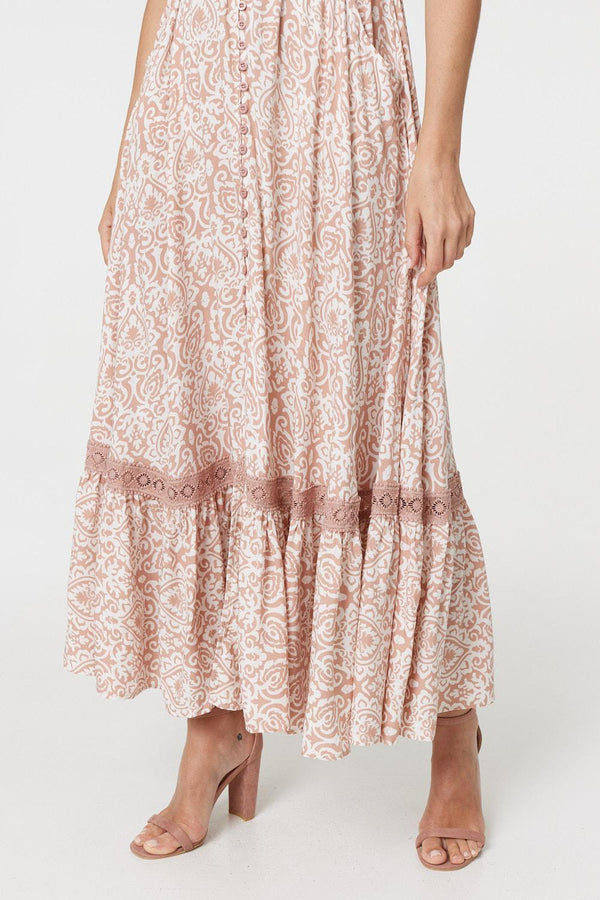 Pink | Paisley Print Lace Trim Maxi Dress