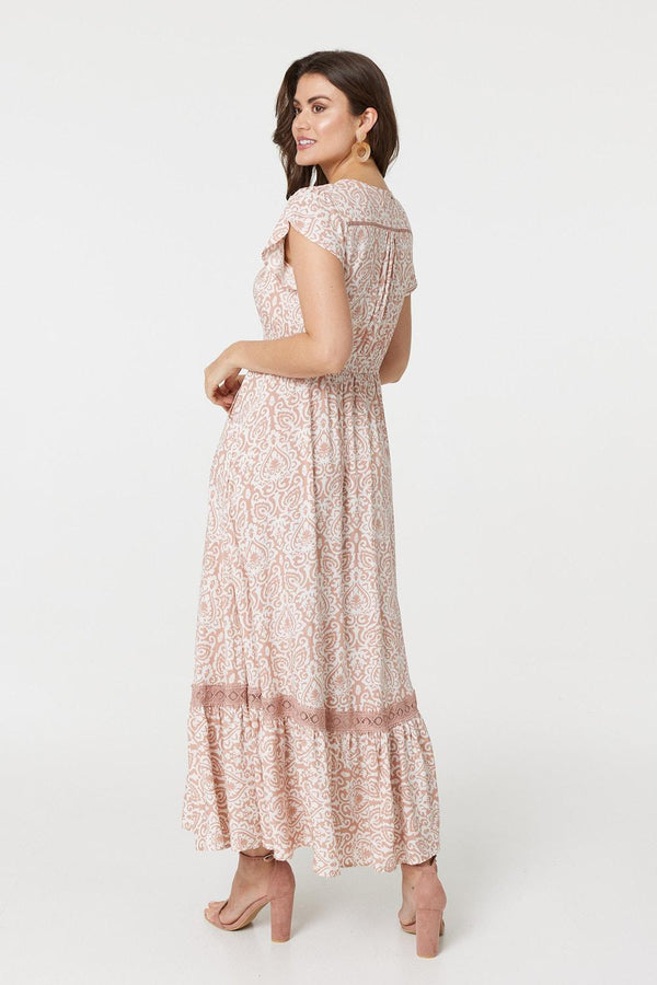 Pink | Paisley Print Lace Trim Maxi DressPink | Paisley Print Lace Trim Maxi Dress