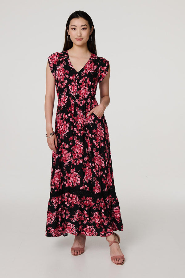 Black | Floral Cap Sleeve Tiered Maxi Dress