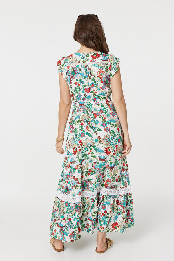 White | Vintage Boho Print Cap Sleeve Maxi Dress