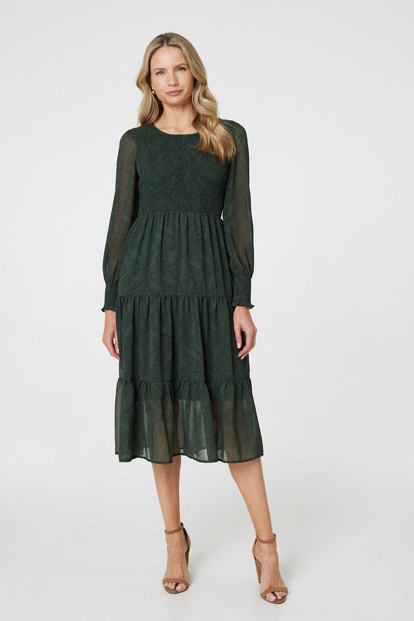 Green | Printed Sheer Layer Midi Smock Dress