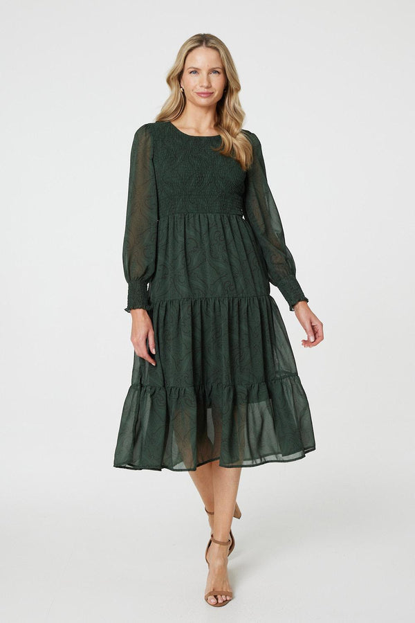 Green | Printed Sheer Layer Midi Smock Dress