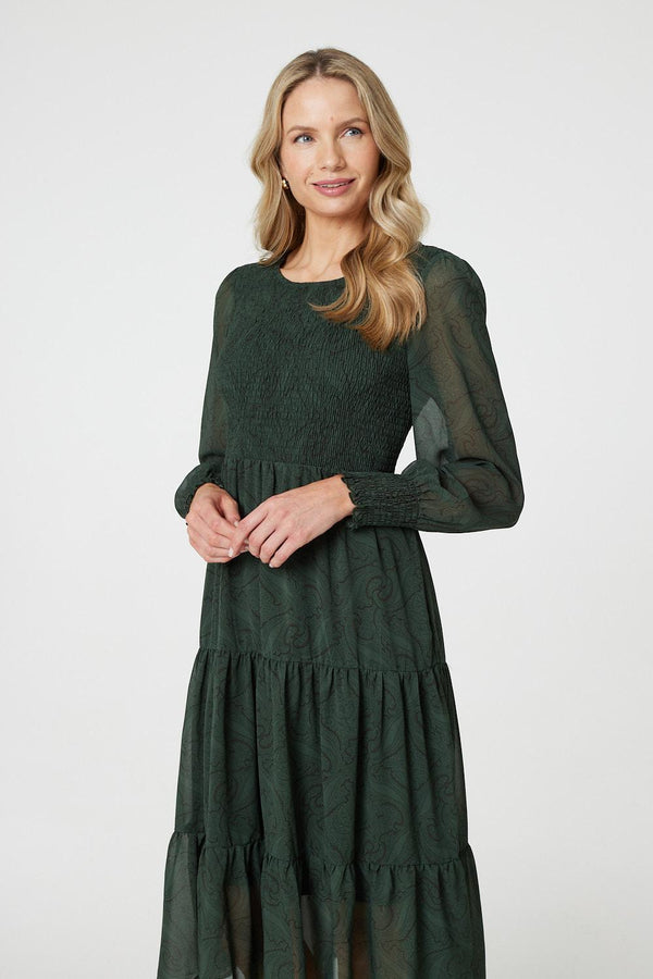 Green | Printed Sheer Layer Midi Smock Dress