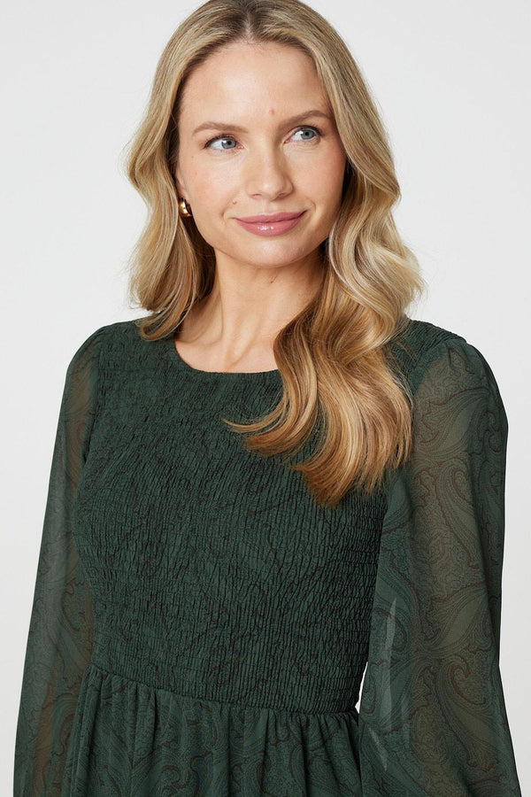 Green | Printed Sheer Layer Midi Smock Dress