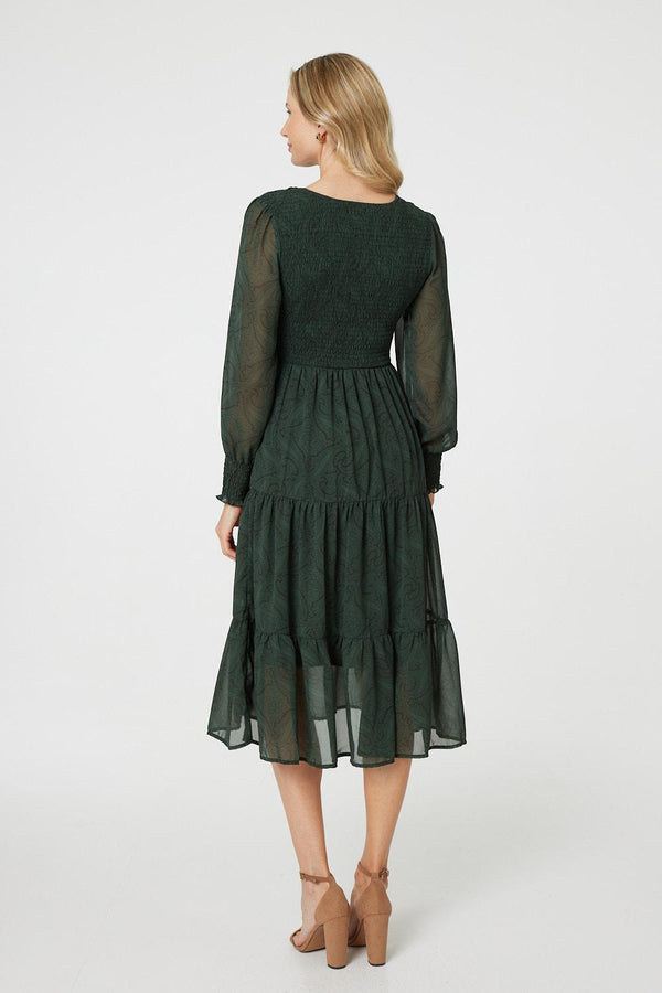 Green | Printed Sheer Layer Midi Smock Dress