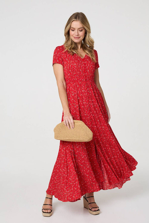 Red | Ditsy Floral A-Line Maxi Dress
