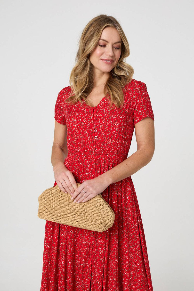 red ditsy floral dress Puff Sleeve Ruched Slit Ditsy Floral Dress In RED