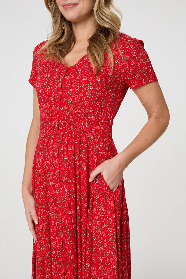Red | Ditsy Floral A-Line Maxi Dress
