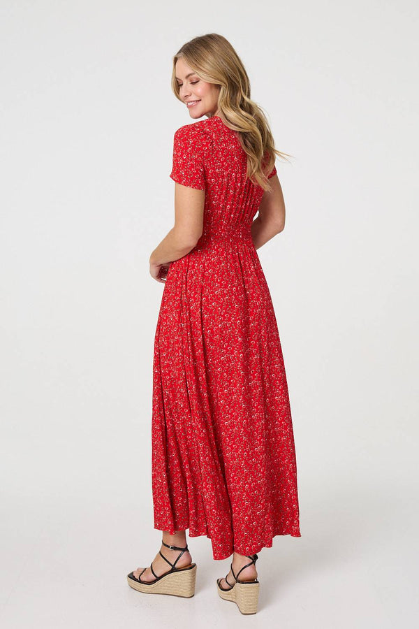 Red | Ditsy Floral A-Line Maxi Dress

