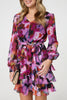 Purple | Floral Ruffled Tie Waist Mini Dress
