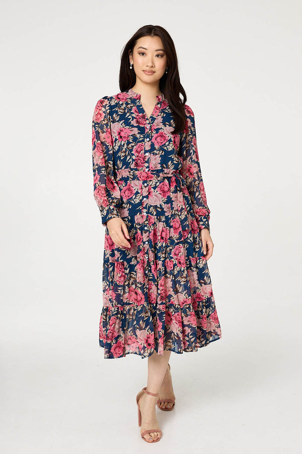Navy | Floral Tie Waist Relaxed Tier Midi Dress