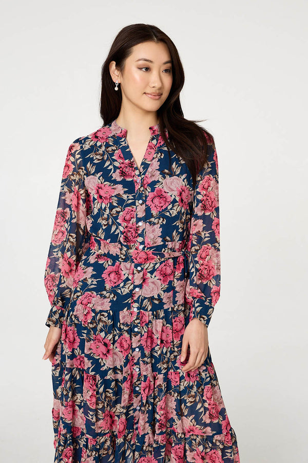 Navy | Floral Tie Waist Relaxed Tier Midi Dress