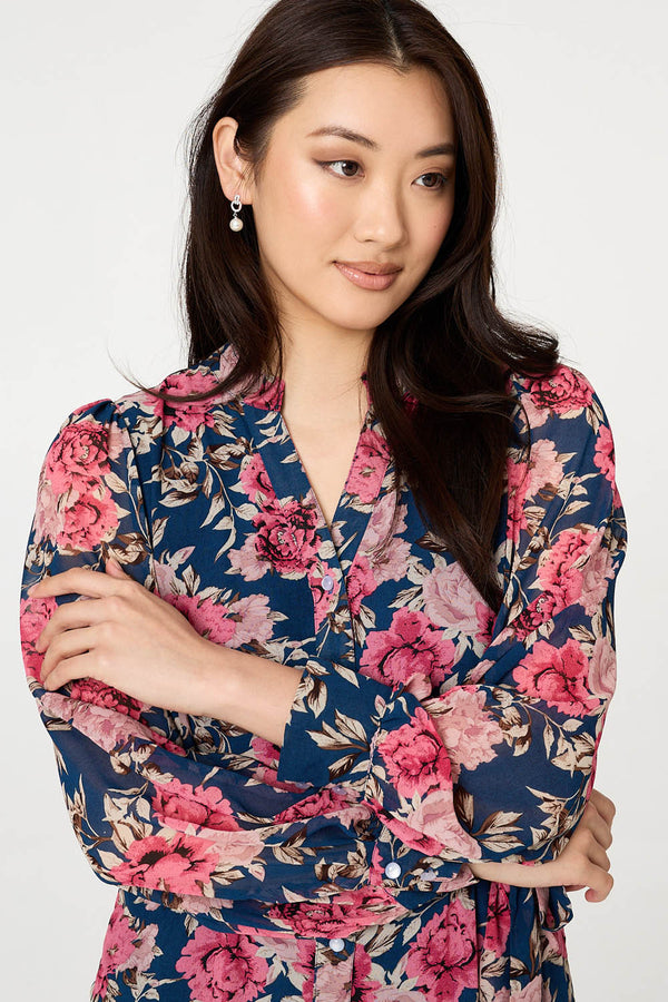 Navy | Floral Tie Waist Relaxed Tier Midi Dress