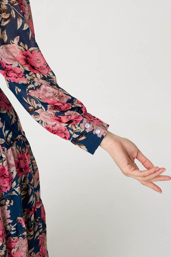 Navy | Floral Tie Waist Relaxed Tier Midi Dress