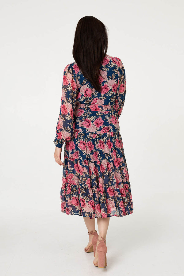 Navy | Floral Tie Waist Relaxed Tier Midi Dress