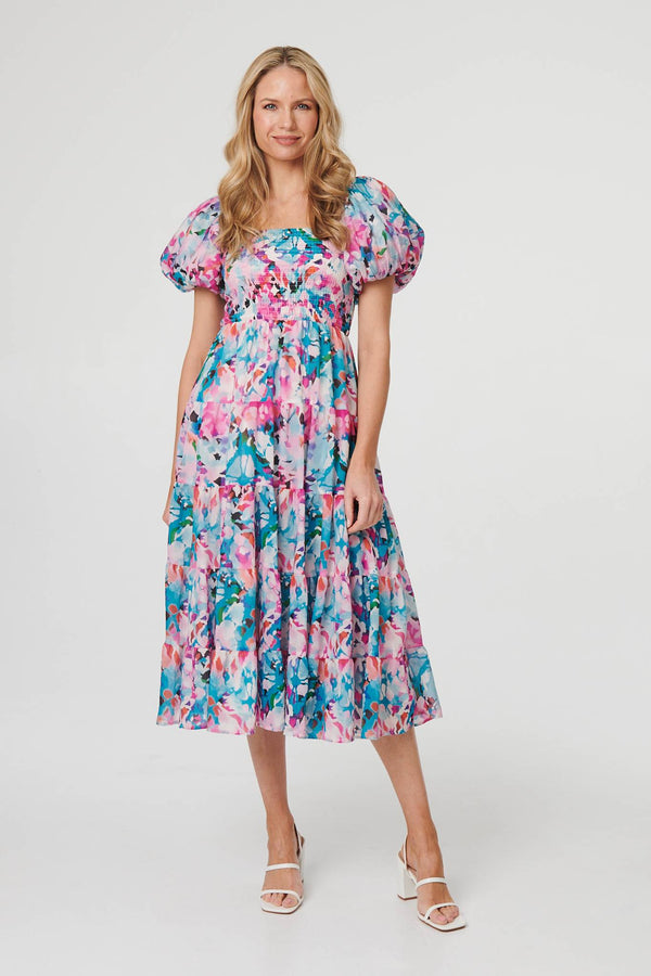 Pink | Abstract Puff Sleeve Shirred Midi Dress
