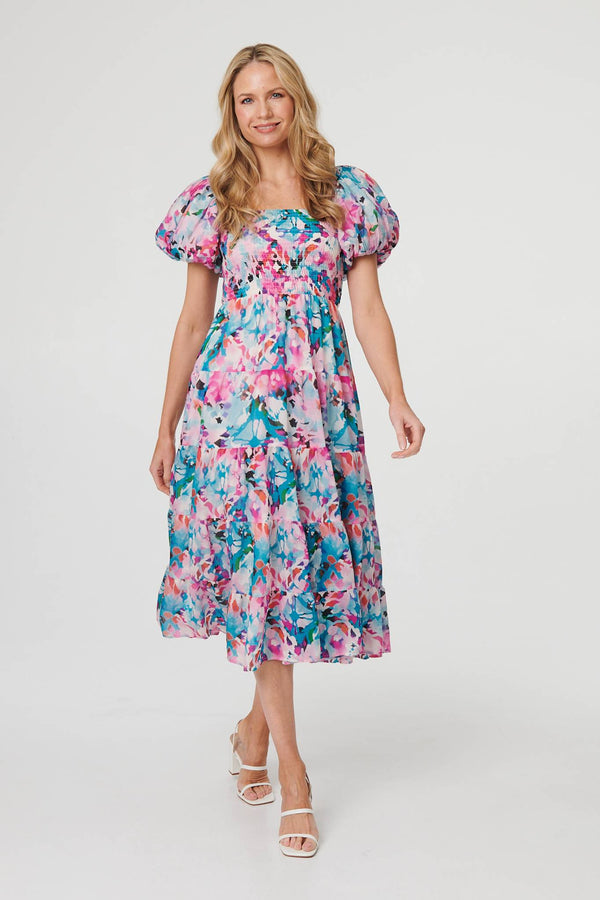 Pink | Abstract Puff Sleeve Shirred Midi Dress
