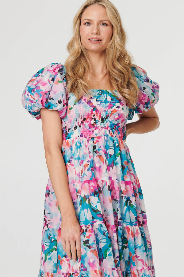 Pink | Abstract Puff Sleeve Shirred Midi Dress